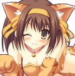  animal_ears breasts brown_eyes brown_hair cat_ears cleavage collar hair_ribbon lowres ribbon short_hair suzumiya_haruhi suzumiya_haruhi_no_yuuutsu wink winking 