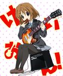  amplifier black_legwear blazer brown_hair doughnut eating electric_guitar food guitar hair_ornament hairclip hirasawa_yui instrument jacket k-on! long_sleeves open_mouth paco pantyhose pleated_skirt school_uniform shoes sitting skirt solo 