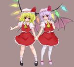  bat_wings blonde_hair cosplay flandre_scarlet flandre_scarlet_(cosplay) hat highres kuro_suto_sukii multiple_girls pantyhose purple_hair red_eyes remilia_scarlet short_hair siblings sisters touhou wings 