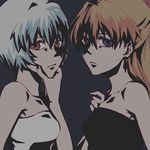  ayanami_rei bad_id bad_pixiv_id bare_shoulders blue_eyes blue_hair chidori grabbing long_hair lowres multiple_girls neon_genesis_evangelion red_eyes red_hair shadow short_hair souryuu_asuka_langley strapless tubetop 