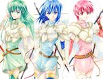  agahari armor armored_dress blue_eyes blue_hair boots bracelet detached_sleeves est fingerless_gloves fire_emblem fire_emblem:_monshou_no_nazo gloves green_eyes green_hair green_skirt headband jewelry katua long_hair multiple_girls paola pegasus_knight polearm red_eyes red_hair short_hair siblings sisters skirt spear sword thigh_boots thighhighs weapon 