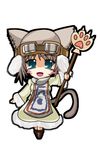  animal_hat bad_id bad_pixiv_id cat_hat cat_tail chibi goggles green_eyes grey_hair hat highres mafumofu_(armor) monster_hunter onsen_tamago_(nurumayu_onsen) original paws solo staff tail 