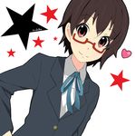  black_hair glasses k-on! manabe_nodoka naosuke_(morioka_shachuu) red-framed_eyewear red_eyes school_uniform semi-rimless_eyewear short_hair solo star under-rim_eyewear 