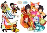  androgynous artist_progress blindfold child comparison fox horns japanese_clothes kimono kitsune_(kazenouta) mask multiple_girls oni original red_hair sarashi 