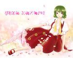  ascot bad_id bad_pixiv_id character_name closed_umbrella flower geike green_hair highres kazami_yuuka mary_janes petals reclining red_eyes shoes short_hair skirt skirt_set solo sunflower touhou umbrella untied vest 