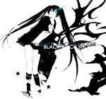  bad_id bad_pixiv_id bikini_top black_rock_shooter black_rock_shooter_(character) blue_eyes boots full_body ham_(eikasiahhh) long_hair midriff monochrome navel shorts simple_background solo spot_color twintails 