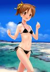  beach bikini blush_stickers brown_eyes brown_hair clenched_hands covered_nipples day flat_chest highres hirasawa_ui k-on! koumo outdoors ponytail running short_hair solo swimsuit w_arms 