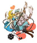  alice_(wonderland) alice_(wonderland)_(cosplay) alice_in_wonderland apron bad_id bad_pixiv_id ball_and_chain blonde_hair blue_eyes cosplay crossdressing grey_hair hashi kuma_(persona_4) multiple_boys narukami_yuu otoko_no_ko pantyhose persona persona_4 ribbon sheath sheathed sword weapon 