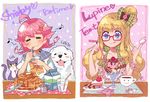  :q ahoge animal bf._(sogogiching) blonde_hair blue_eyes blush blush_stickers bow bracelet braid cake cat character_name checkerboard_cookie cherry closed_eyes cookie cream cup dj_max dj_max_portable dog drinking_straw eating food food_on_face food_themed_clothes food_themed_hair_ornament fork_in_mouth fruit glasses hair_bow hair_ornament ice_cream jewelry long_hair lupine milk milk_carton multiple_girls musical_note pancake pink_hair plate purple-framed_eyewear school_uniform serafuku shirley_house strawberry strawberry_hair_ornament tea teacup tongue tongue_out twin_braids yellow_bow 