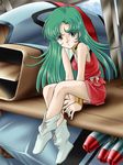  80s android blue_eyes boots bracelet child choujikuu_seiki_orguss collar dress green_hair jewelry long_hair mecha missile mome_(orguss) mu_(orguss) oldschool orguss orguss_(mecha) panties pantyshot pantyshot_(sitting) short_dress sitting underwear zummy 