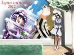  2012 80s arms_behind_back black_hair blue_dress blue_eyes dress full_body hat highres jacket lynn_minmay macross macross_flashback_2012 microphone necktie oldschool plant science_fiction shade skirt songstress standing sun_hat sunlight takase_muu tree 