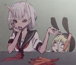  :o abara_heiki animal_ears bad_id bad_pixiv_id blonde_hair blush bunny_ears copyright_request food horns monster_girl multiple_girls necktie sausage school_uniform short_hair silver_hair 