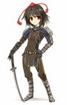  alternate_costume armor bad_id bad_pixiv_id black_hair cervus chainmail final_fantasy final_fantasy_xi full_armor hat looking_at_viewer red_eyes samurai samurai_(final_fantasy) shameimaru_aya short_hair solo sword the_iron_of_yin_and_yang tokin_hat touhou weapon white_background 