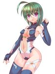  :o ahoge armpits bangs bare_shoulders blue_gloves blue_legwear blue_leotard breasts covered_navel covered_nipples cowboy_shot elbow_gloves facial_mark fingerless_gloves gloves green_hair groin hair_between_eyes halterneck hand_up highleg highleg_leotard hip_bones hips impossible_clothes impossible_leotard kannagi_itsuki leotard looking_at_viewer medium_breasts open_mouth pilot_suit purple_eyes short_hair simple_background solo sora_wo_kakeru_shoujo thigh_strap thighhighs turtleneck white_background white_leotard yukimura_tsubame 