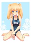  bad_id bad_pixiv_id barefoot blonde_hair blue_eyes blush breasts feet hands homura_subaru kneeling large_breasts one-piece_swimsuit original school_swimsuit smile solo swimsuit twintails 