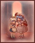  apron ascot blue_dress blue_eyes blue_hair braid dress frilled_apron frills hat height_difference izayoi_sakuya multiple_girls pink pink_background pink_dress red_eyes remilia_scarlet ruler sankuma shoes short_hair smile socks touhou white_hair wings younger 