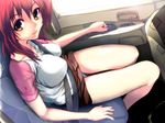  between_breasts breasts car car_interior covered_nipples ground_vehicle highres koyama_(gantz0409jp) large_breasts legs long_hair motor_vehicle multicolored multicolored_eyes original red_hair seatbelt shorts smile solo strap_cleavage 