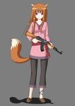  ak-47 animal_ears assault_rifle bad_id bad_pixiv_id grey_background gun holo kaguzaka_yuu long_hair red_eyes rifle simple_background solo spice_and_wolf tail trigger_discipline weapon 