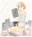  :3 bare_shoulders blush brown_eyes camisole computer lingerie midriff monitor motherboard mutou_youshun original panties red_hair seiza short_hair sitting solo table tools underwear underwear_only wavy_hair 