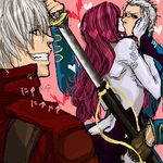  2boys bad_id bad_pixiv_id dante_(devil_may_cry) devil_may_cry devil_may_cry_3 henyo katana kiss lowres multiple_boys nevan oekaki sheath sword translated unsheathing vergil weapon yamato_(sword) 