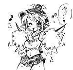  cheerleader contemporary eighth_note greyscale hat lowres midriff miniskirt monochrome musical_note mystia_lorelei navel nikusho one_eye_closed pom_poms skirt smile solo sweat touhou translated wings 