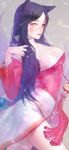  absurdres ahri animal_ears black_hair breasts cleavage detached_sleeves dress facial_mark fox_ears fox_tail heather37 highres large_breasts league_of_legends long_hair long_sleeves smile solo strapless tail yellow_eyes 