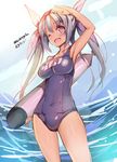  artist_name blue_hair blush breasts fang hair_ribbon highres i-19_(kantai_collection) kantai_collection large_breasts long_hair looking_at_viewer mizuta_kenji ocean one-piece_swimsuit one_eye_closed open_mouth pink_eyes ribbon school_swimsuit sketch solo swimsuit torpedo twintails 