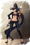  absurdly_long_hair alternate_costume black_hair black_pants bow_(weapon) bra brown_eyes crossbow eirashard full_body glasses hand_on_hip high_heels jacket league_of_legends long_hair long_sleeves looking_at_viewer midriff navel open_clothes open_jacket pants ponytail shauna_vayne smile solo standing underwear very_long_hair weapon 