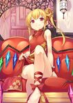  alternate_costume ankle_ribbon arm_at_side bangs bare_legs bare_shoulders blonde_hair blush china_dress chinese_clothes couch crossed_ankles curtains dress dress_lift fang fang_out flandre_scarlet gem gurasion_(gurasion) high_heels ironwork lantern looking_at_viewer red_eyes red_ribbon ribbon short_hair side_ponytail sidelocks sitting sleeveless smile solo touhou wings wrist_cuffs 