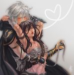  1girl ashe_(league_of_legends) belt blush cape couple genderswap grey_hair hetero hood hug hug_from_behind juhaihai league_of_legends long_hair navel open_mouth sarashi short_hair smile tryndamere 