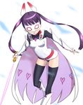  bad_id bad_pixiv_id belt black_legwear cape full_body futaba_yodoyume komadori_renge long_hair long_sleeves mask open_mouth purple_eyes purple_hair sekai_seifuku:_bouryaku_no_zvezda smile solo thighhighs twintails white_robin 