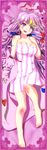  bare_shoulders barefoot blush bow breasts crescent excel_(shena) hair_bow highres large_breasts long_hair lying patchouli_knowledge purple_eyes purple_hair solo touhou very_long_hair 