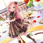  :d bad_id bad_pixiv_id black_dress dress flower french green_eyes hair_ornament long_hair looking_at_viewer minigirl nyanya open_mouth original petals pink_hair print_dress puffy_sleeves red_flower red_rose rose short_sleeves smile solo spoon table very_long_hair 