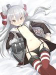  :d amatsukaze_(kantai_collection) black_panties blush brown_eyes dress fang garter_straps highres kantai_collection lace lace-trimmed_panties long_hair lying navel no_bra on_back open_clothes open_dress open_mouth panties patricia_(stylish_marunage) red_legwear rensouhou-kun sailor_dress short_dress side-tie_panties silver_hair smile solo striped striped_legwear thighhighs two_side_up underwear v-shaped_eyebrows 