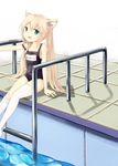  animal_ears bad_id bad_pixiv_id blonde_hair cat_ears elin_(tera) fang green_eyes highres long_hair name_tag no_tail open_mouth panko_(china) pool pool_ladder poolside school_swimsuit sitting solo strap_slip swimsuit tera_online thighhighs thighhighs_pull twintails water white_legwear 