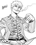  akagi akagi_shigeru artist_request belt character_name cigarette english greyscale looking_at_viewer mahjong mahjong_tile male_focus monochrome simple_background sitting sketch smile solo source_request white_background 