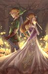  1girl 2014 back-to-back blonde_hair blue_eyes brown_hair closed_eyes dress earrings flower gloves highres holding holding_sword holding_weapon jewelry kyurin_(sunnydelight) left-handed link long_hair pointy_ears princess_zelda reverse_grip rose shield sword the_legend_of_zelda the_legend_of_zelda:_twilight_princess tiara tree weapon 
