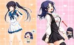  2girls :d alternate_hairstyle bad_id bad_pixiv_id black_hair blue_eyes blue_hair breast_envy breasts chibi commentary_request cosplay costume_switch crossover directional_arrow dress flat_chest heart hiradaira_chisaki hiradaira_chisaki_(cosplay) inu_x_boku_ss karo_karo large_breasts long_hair multiple_girls nagi_no_asukara open_mouth plaid plaid_background ponytail purple_eyes sailor_dress school_uniform serafuku shaded_face shirakiin_ririchiyo shirakiin_ririchiyo_(cosplay) side_ponytail smile solid_circle_eyes spoken_heart thighhighs triangle_mouth 