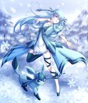  ahoge bad_id bad_pixiv_id blue_eyes blue_hair bow dress gen_4_pokemon glaceon hair_ribbon highres karo_karo long_hair moemon open_mouth personification pokemon ribbon single_thighhigh snowflakes thigh_strap thighhighs tree 