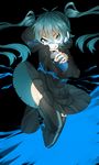  bad_id bad_pixiv_id black_background blue_eyes blue_hair ene_(kagerou_project) highres hood hoodie kagerou_project kuro_kurona paint_on_clothes paint_on_face paint_splatter skirt solo spray_can spray_paint twintails 