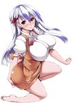  anna_miller barefoot blue_hair blush breasts full_body huge_breasts kamishirasawa_keine long_hair looking_at_viewer oohira_sunset simple_background smile solo touhou waitress white_background 