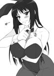  :3 animal_ears between_breasts bow bowtie breasts bunny_ears bunny_tail bunnysuit cleavage detached_collar greyscale highres kurusugawa_ayaka large_breasts long_hair monochrome pantyhose shichimenchou tail to_heart wrist_cuffs 