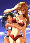  bikini black_hair blue_eyes breasts charlotte_e_yeager closed_eyes fang francesca_lucchini grin hair_ribbon highres hug large_breasts md5_mismatch midriff multiple_girls navel open_mouth orange_hair ribbon short_shorts shorts smile strike_witches swimsuit twintails unzipped wet world_witches_series zatou_(kirsakizato) 