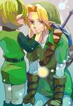  1girl bad_id bad_pixiv_id blonde_hair blue_eyes gloves green_hair green_hairband hairband link lowres noaki pointy_ears saria shield sword tears the_legend_of_zelda the_legend_of_zelda:_ocarina_of_time weapon 