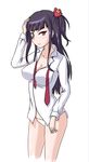  bad_id bad_pixiv_id black_hair blush eyepatch flower futaba_yodoyume hair_flower hair_ornament long_hair necktie necktie_removed no_pants panties red_eyes sekai_seifuku:_bouryaku_no_zvezda shikabane_itsuka shirt solo underwear white_panties 