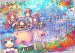  5girls :d :o ^_^ ahoge bangs bat_wings birthday_cake birthday_party blue_eyes blue_hair book bow braid brown_eyes building cake capelet chair cirno clenched_hands closed_eyes cloud coat crescent cupcake day dress drooling fence floating flower food fork garden grey_hair hair_bow hair_bun hair_ribbon happy hat hat_ornament hat_ribbon head_wings holding holding_book holding_fork holding_hands holding_knife ice ice_wings ironwork izayoi_sakuya juliet_sleeves knife koakuma light_rays long_sleeves macaron maid maid_headdress mansion mob_cap multiple_girls necktie no_socks open_clothes open_coat open_mouth outdoors parasol party patchouli_knowledge petals pink_footwear pinky_out pjrmhm_coa puffy_short_sleeves puffy_sleeves purple_dress purple_eyes purple_hair rainbow red_eyes red_flower red_hair red_neckwear red_rose remilia_scarlet ribbon rose scarlet_devil_mansion shirt shoes short_hair short_sleeves sidelocks silver_hair sitting sky smile striped striped_dress sunbeam sunlight symbol-shaped_pupils table touhou tress_ribbon twin_braids umbrella v-shaped_eyebrows vertical_stripes vest white_shirt wing_collar wings 
