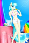  absurd_res anthro anthrofied ball beach_ball bikini blue_eyes blue_hair blumagpie breasts cleavage clothed clothing cloud coco_pommel_(mlp) coconut equine female friendship_is_magic hair hi_res horse ice_pop leaning lense_flare looking_at_viewer mammal my_little_pony navel outside piercing pony popsicle sea shorts sky solo standing swimsuit table two_tone_hair umbrella water 