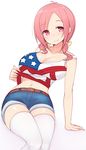  amatsuka_megumi_(gj-bu) american_flag arm_support bad_id bad_pixiv_id blush bow breasts cleavage flag_print gj-bu hair_bow highres large_breasts looking_at_viewer midriff navel nekoume pink_eyes pink_hair short_hair simple_background smile solo thighhighs white_background white_legwear 
