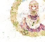  apron blue_eyes bow braid clover clover_(flower) flower four-leaf_clover hair_bow highres izayoi_sakuya maid_apron maid_headdress shiratsuyu silver_hair solo touhou twin_braids wreath 