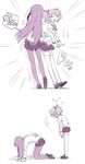  &gt;_&lt; 2koma :d akemi_homura all_fours apologizing black_hair black_legwear blush bow bowing closed_eyes comic dancing dogeza greyscale hair_ribbon kaname_madoka kannari long_hair mahou_shoujo_madoka_magica mahou_shoujo_madoka_magica_movie monochrome multiple_girls non-web_source open_mouth pantyhose purple ribbon school_uniform short_hair short_twintails simple_background skirt smile thighhighs translated twintails white_background zettai_ryouiki 